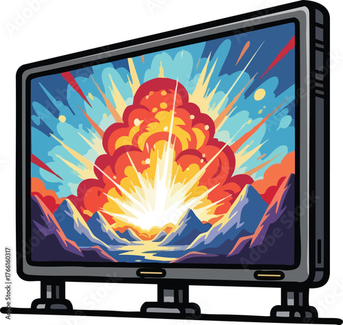Digital billboard displays vibrant explosion scene with fiery burst over mountain landscape at sunset