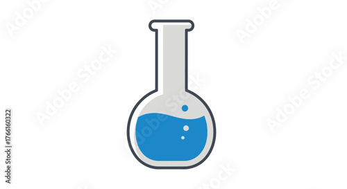 Minimalist scientific laboratory flask with blue liquid and bubbles, flat design vector illustration