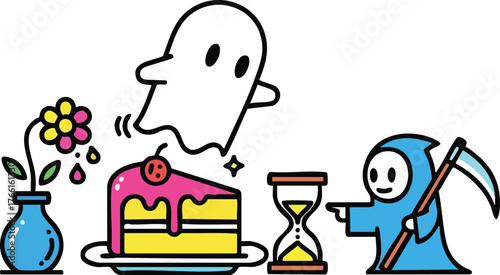 Ghost Appears Over Cake Near Grim Reaper And Hourglass On White Background