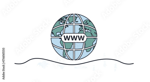 A minimalist globe icon with the letters 'WWW' symbolizing the internet and global connectivity, presented on a clean white background with a gentle wavy line underneath