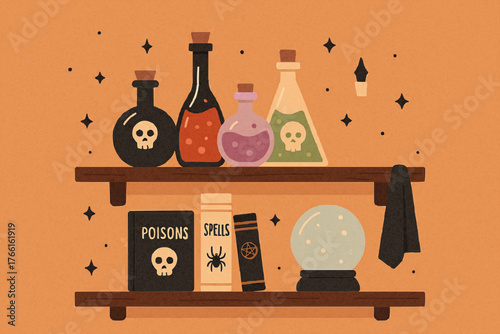 Flat vector of indoor Halloween shelf with potion bottles, spell books, and crystal ball