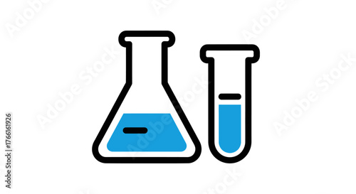 Chemistry lab equipment flat icon. Vector graphic of a beaker and test tube with blue liquid, clean design isolated on a white background
