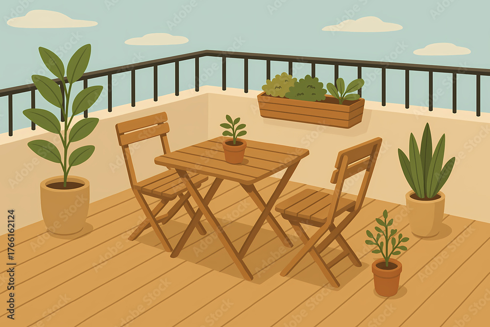 Fototapeta premium Isometric Illustration of a Natural Balcony Terrace with Planters and Table Set