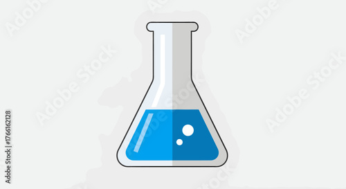 Vector illustration of a flat icon of a chemical flask with blue liquid and bubbles, in modern design