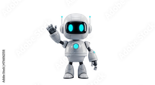 Friendly White Robot Character Waving Hello - Cute Cartoon Mascot for Technology AI and Futuristic Concepts with a Playful and Welcoming Gesture
