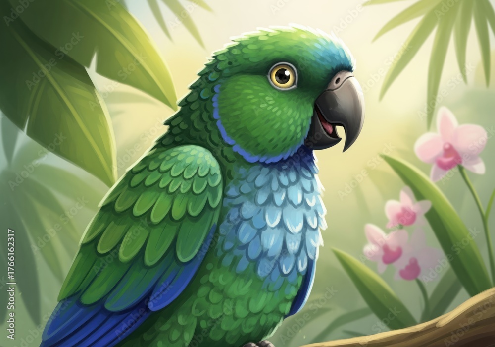 Fototapeta premium Vibrant green and blue parrot perched in lush tropical jungle with pink orchids