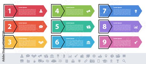 Infographic design business concept vector illustration with 9 steps or options or processes represent work flow or diagram