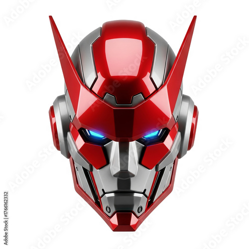 Futuristic Red Robot Head with Silver Accents and Glowing Blue Eyes - Sci-Fi Cyberpunk Character Design for Games or Animation Projects