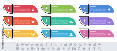 Infographic design business concept vector illustration with 9 steps or options or processes represent work flow or diagram or web button banner
