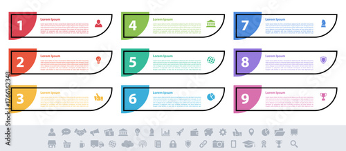 Infographic design business concept vector illustration with 9 steps or options or processes represent work flow or diagram or web button banner