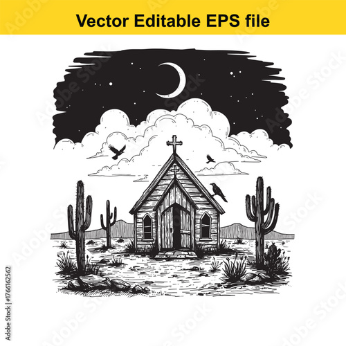 Vector art of a spooky, handdrawn illustration of a small, old church in a desert landscape under a crescent moon and starry night sky