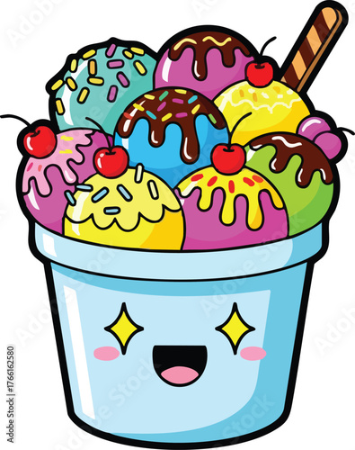 Joyful cartoon ice cream sundae with multiple colorful scoops and chocolate syrup topping in a cute cup with a happy face and sparkling eyes isolated on white background