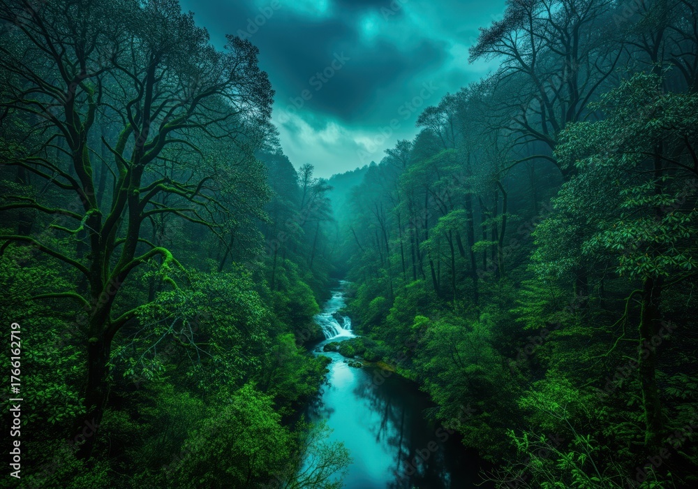 Naklejka premium Lush green forest with a mystical river flowing through a dark, atmospheric landscape