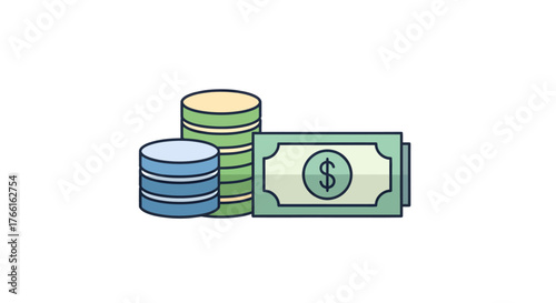 Clean modern vector flat icon of stacked coins and a dollar bill, symbolizing finance, currency, banking, and business transactions for digital and print media