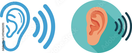 Stylized Ear and Sound Wave Icons in Outline and Flat Design