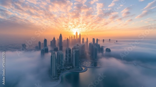 Dubai Skyline Emerging from Fog at Sunrise