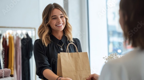 Happy woman handing over a shopping bag in a bright retail store during daylight