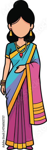 Pixel Art Woman In Traditional Saree Standing Full Body Shot With Jewelry