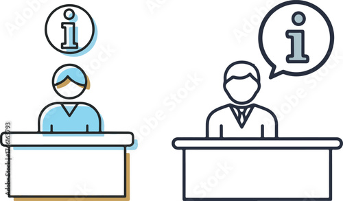 Minimalist outline icons of help desk agents and information symbols