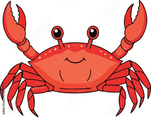 A charming red crab with a friendly smile, isolated on white background, raising its claws cheerfully