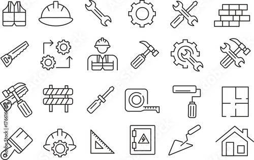 Labor Icons Set ? Linear Style Construction, Workers, Tools, and Building Symbols Collection,Labor Day Icon Pack,Construction and Labor Outline Icons..eps