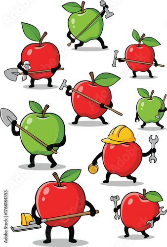 Set of Cartoon Apples With Tools And Hard Hat Ready To Build And Work In Pixel Art Style