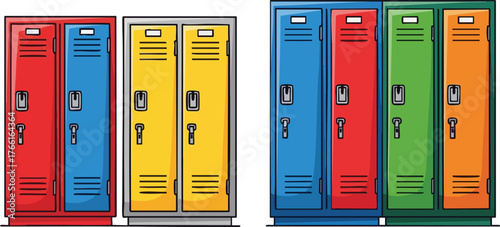 Set Of Colorful Metal Lockers In Red Blue Yellow Green And Orange Against White Background