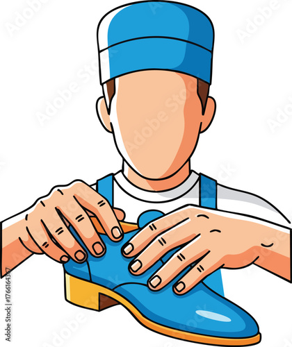 Shoemaker Hands Crafting Blue Leather Shoe White Background Neutral Skin Tone