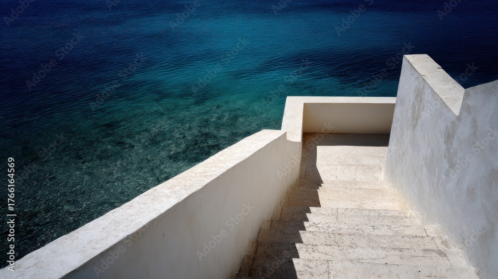 Fototapeta A white staircase leading down to the ocean, with a white wall on the right and a blue ocean in the background.