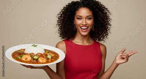 Beautiful Woman Presenting Shrimp Gumbo with Rice