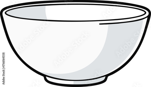 Simple White Ceramic Bowl with Black Outline on White Background