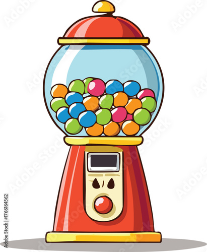 A cartoon gumball machine with colorful gumballs inside the globe