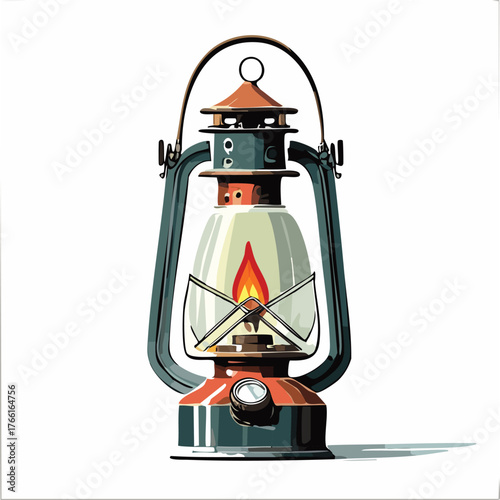 A vintage kerosene lantern with a flame inside on a white backdrop