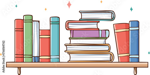 Illustration of books on a shelf with colorful covers and spines