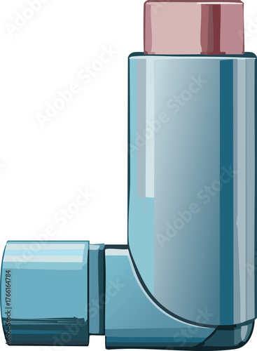 Close up of a blue and pink asthma inhaler on a white background