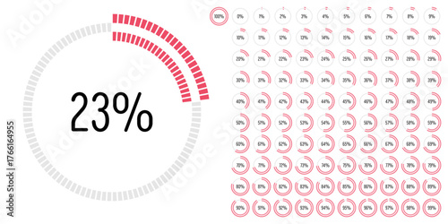 Set of circle percentage progress bar diagrams meters from 0 to 100 ready-to-use for web design, user interface UI or infographic - indicator with red