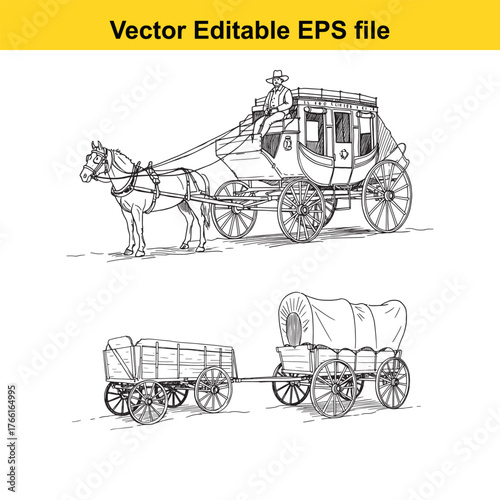 Vector art of old west stagecoach and covered wagon