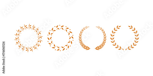 silhouette circular laurel foliate, wheat and oak wreaths depicting an award, achievement, heraldry, nobility on white background