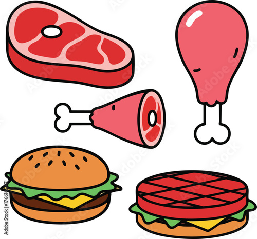 Various Raw Meat Products And Burger Isolated On White Background With Minimalist Style And Flat Design