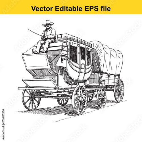 Vector art of detailed sketch of a vintage horsedrawn stagecoach with a driver and a covered wagon