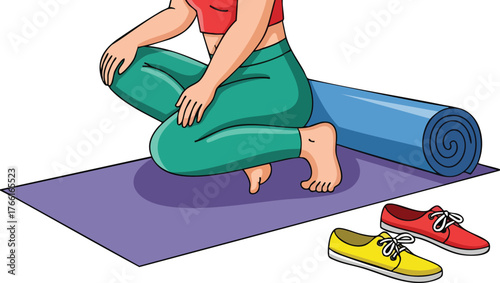 Woman in Teal Leggings and Red Top Kneeling on Purple Yoga Mat Next to Blue Foam Roller and Colorful Shoes