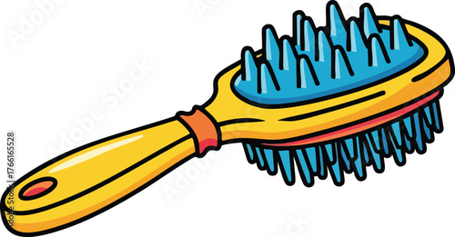 Yellow and Blue Pet Grooming Brush with Ergonomic Handle and Rubber Bristles on White Background