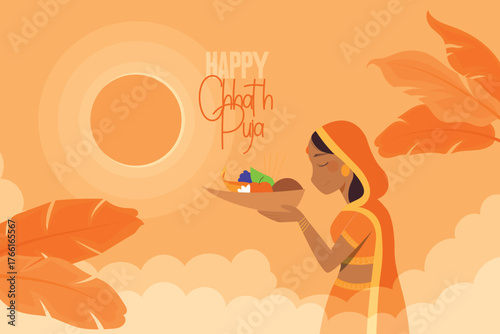 Monochromatic orange vector of a woman performing Chhath Puja by offering prasad to the rising or setting sun. Traditional Hindu festival illustration with leaves.