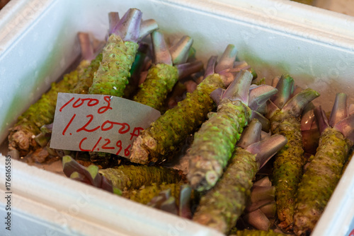 Wasabi Roots For Sale in a Japanese Market, Tokyo, Japan