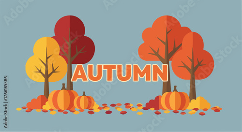 Autumn Scene With Pumpkins And Colorful Trees.