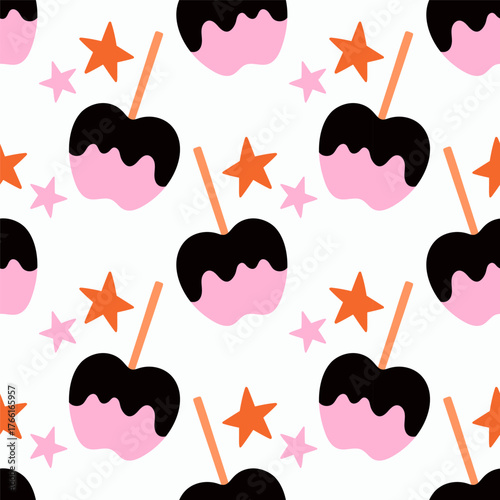 Simple caramel apple hand drawn Halloween seamless pattern on white background. Vector wallpaper illustration repeat design for fabric print, sticker, cover, wrapping.