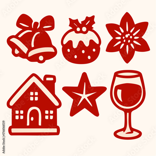 Flat design Christmas icons set with bell, pudding, poinsettia, gingerbread house, star, and wine glass on beige.
