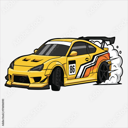 A yellow sports car with racing stripes and the number 86 on the side door, drifting with smoke from the tires on a plain white background.