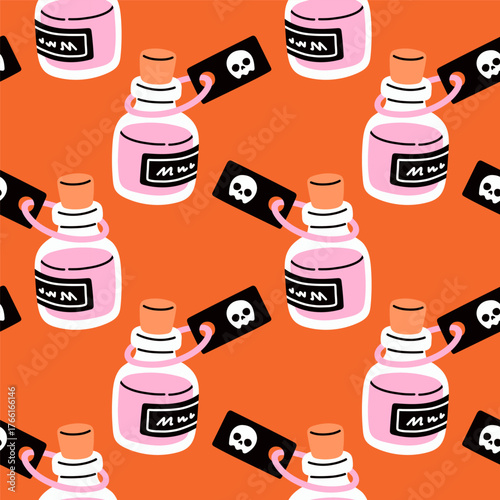 Simple poison hand drawn Halloween seamless pattern on orange background. Vector wallpaper illustration repeat design for fabric print, sticker, cover, wrapping.