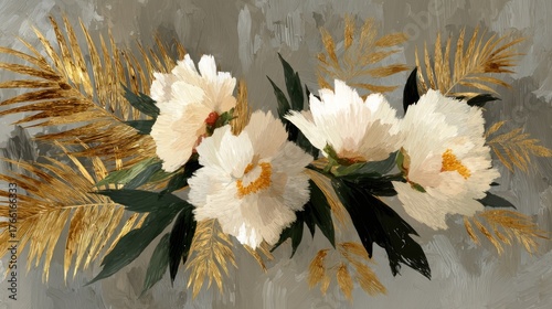 Fototapeta Naklejka Na Ścianę i Meble -  A bouquet of white peonies and golden grasses against a textured, gray background, with a subtle, painterly style.